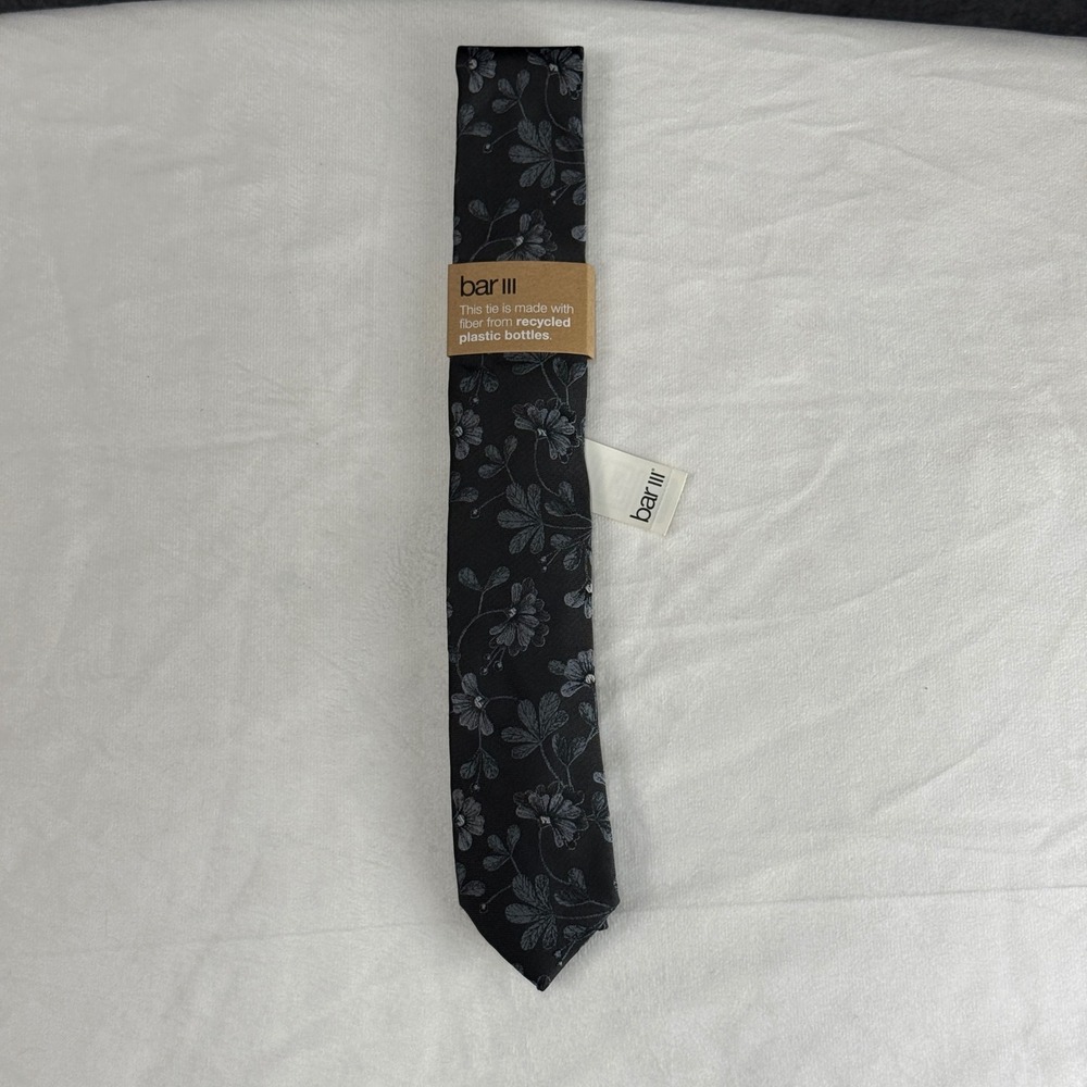 Bar III Mens Levin Floral Slim Necktie Charcoal Grey Recycled Repreve 13C22-1004